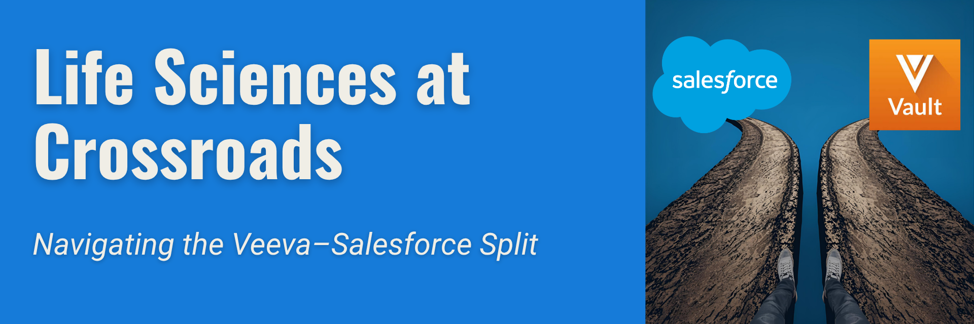 Illustration of Salesforce vs Veeva in Life Sciences crossroads.