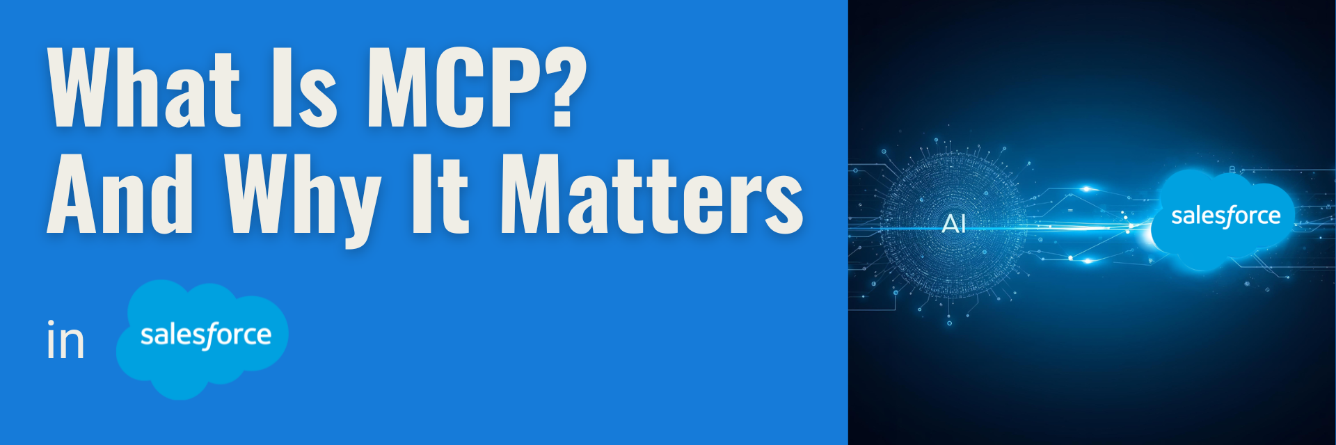 Futuristic digital bridge connecting AI and Salesforce clouds, representing the Model Context Protocol in Salesforce.